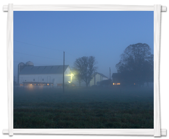 farm in morning mist